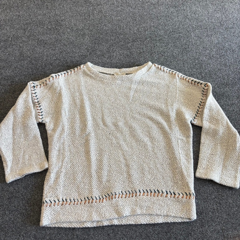 Lucky Brand Womens Small White Gray Textured Knit Whipstitch Sweater Top
